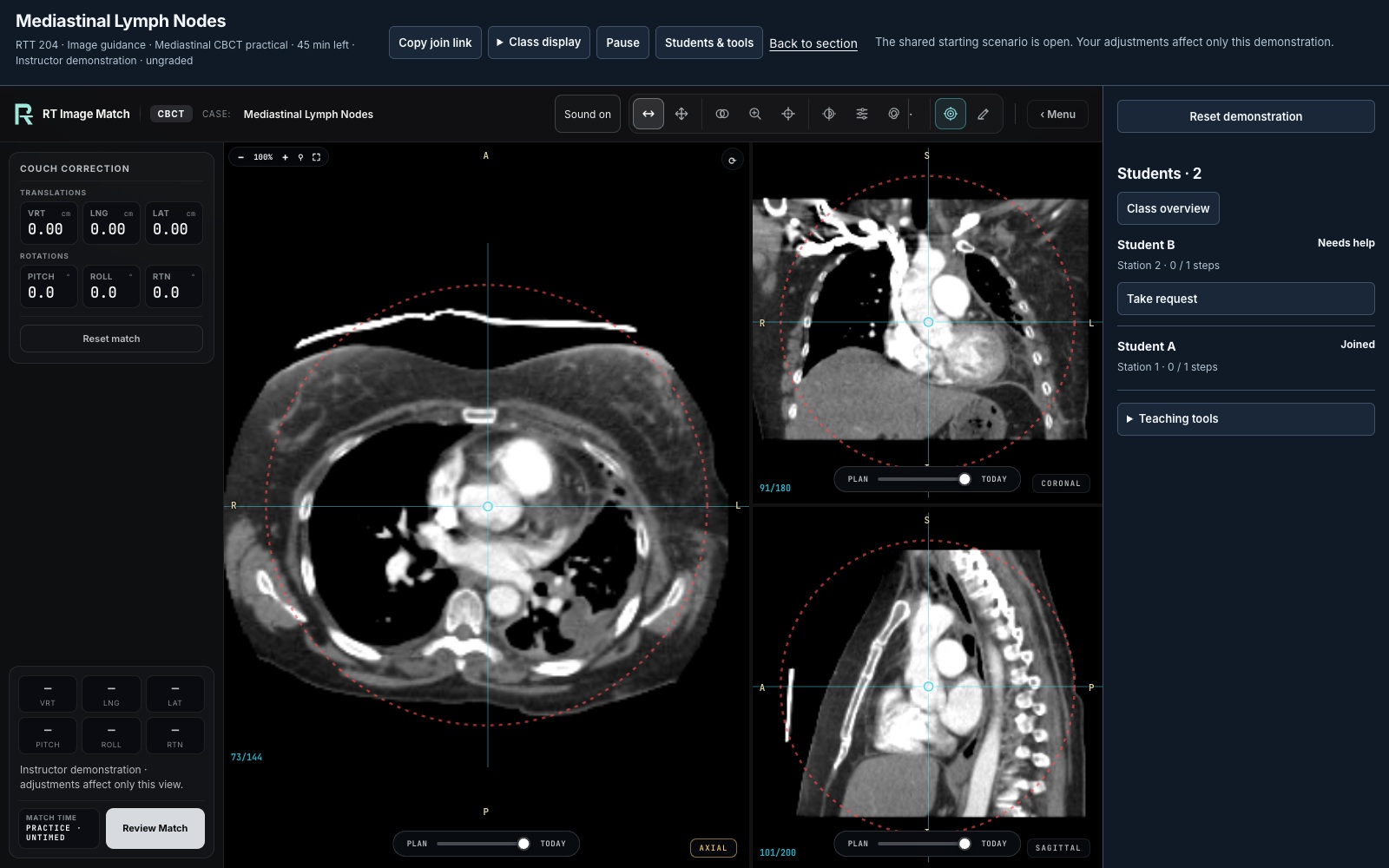 Real active Live Lab with Mediastinal Nodes imaging and a fictional student roster