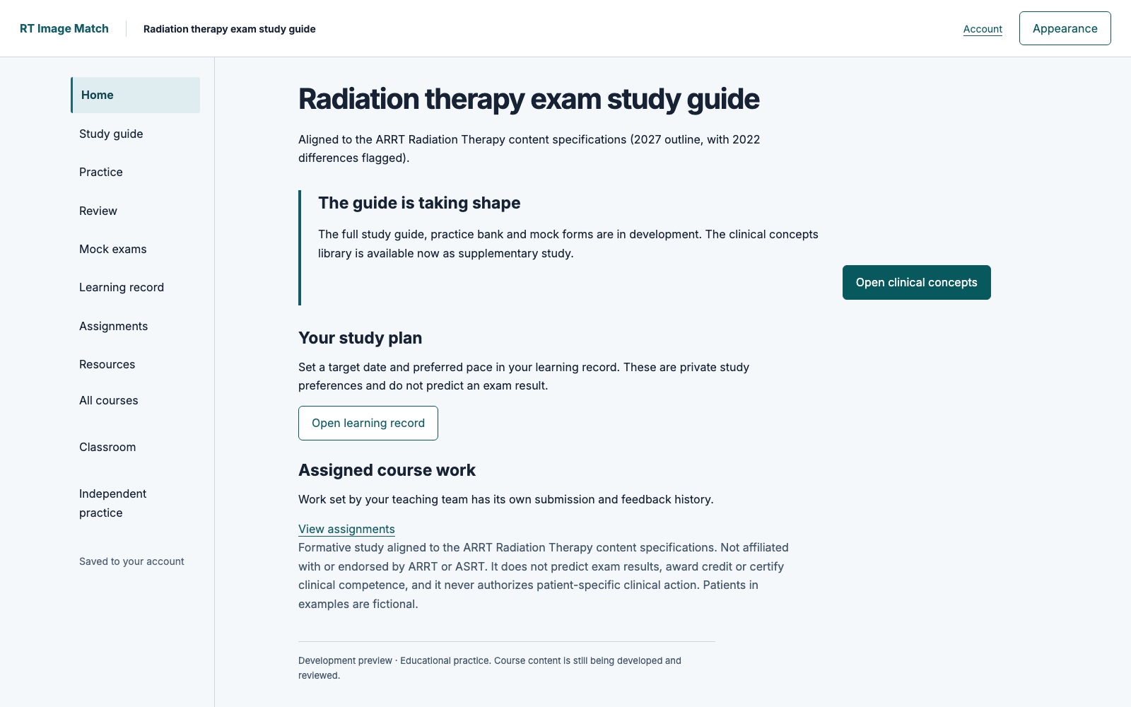Current radiation therapy exam study guide interface showing its development status, clinical concepts library and study plan