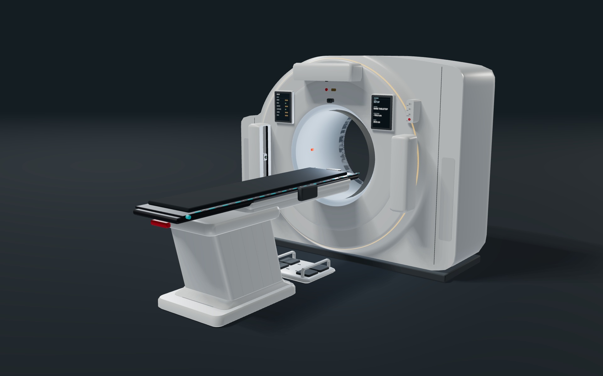 Current CT simulator and empty table, with the complete floor base shown from a close three-quarter angle under studio lighting
